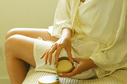 Nourish Body Lotion Bar being applied as a part of a post shower body care routine for hydrating moisturized skin.