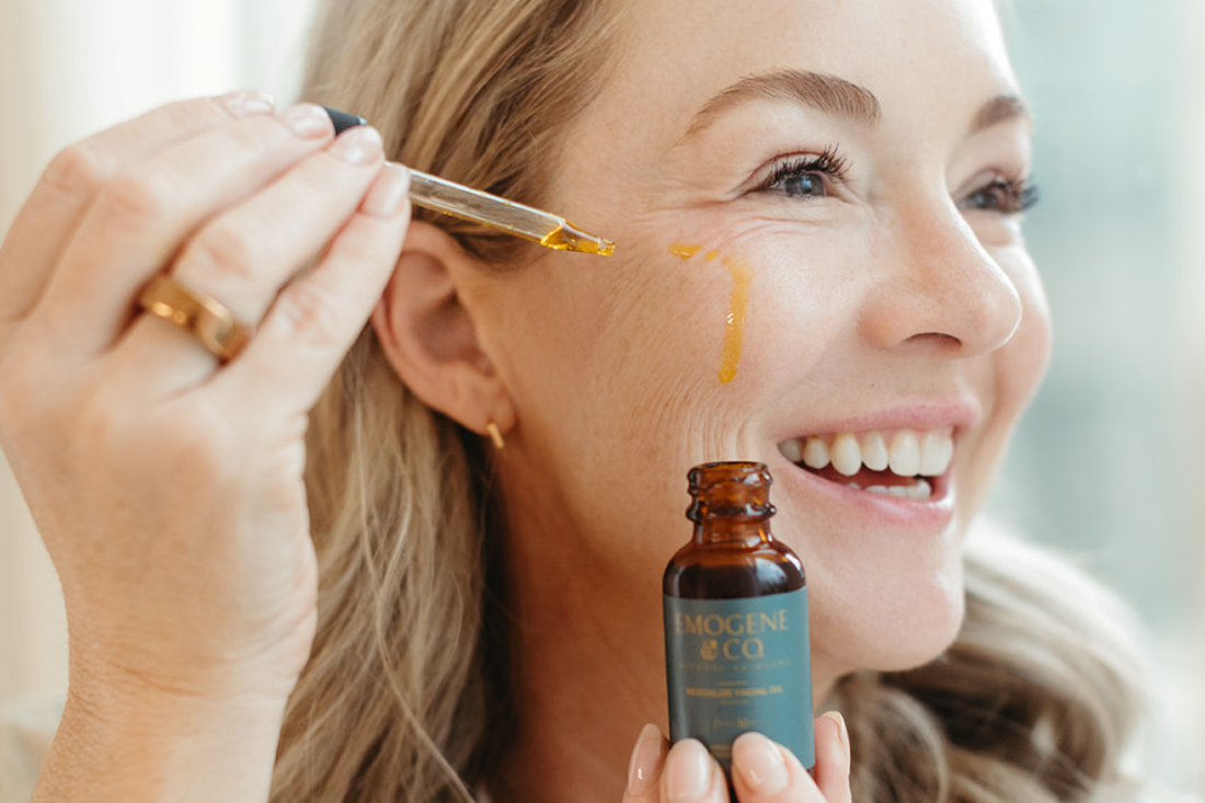 Applying Hydrating facial oil to skin for boost in hydration and glowing skin 