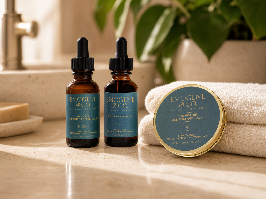Hydrate Moisture Accelerator, Revitalize Facial Oil, and The Healer All Purpose Balm together in a skincare lineup on bathroom counter.